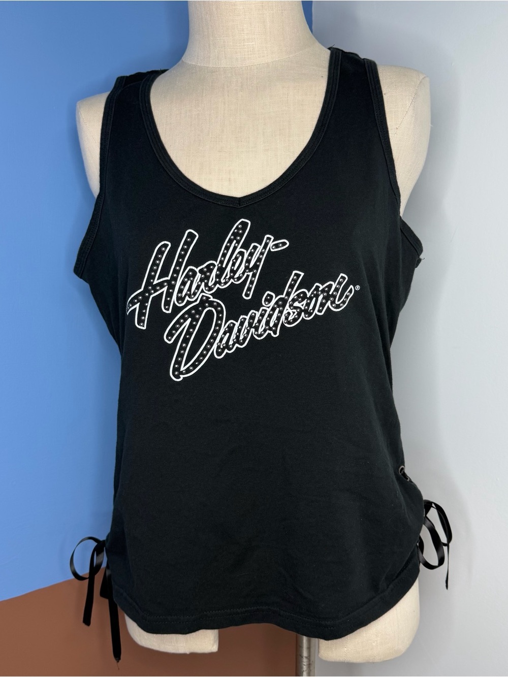 Harley Davidson Black Gunmetal Stud Side Tie Tank Top Size XL